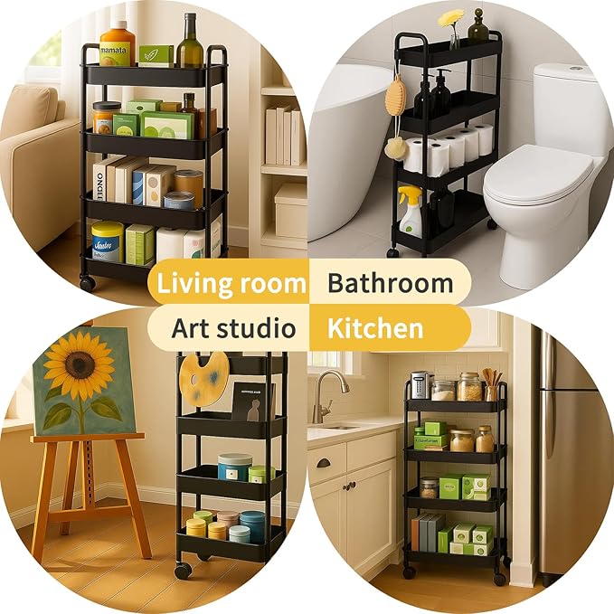 ShellKingdom 4 Tier Bathroom Storage Organizer, Toilet Paper Holder, Slim Rolling Storage Cart for Narrow Space with Handle, Mobile Shelving Unit for Bathroom, Kitchen, Laundry (Black)