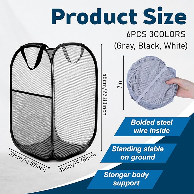 SHENLIU 6 Pcs Popup Mesh Laundry Baskets, Collapsible Portable Clothes Washing Laundry Hampers with Carry Handles, Clothes Hamper for Home, Travel, College Dorm, 14.6 x 22.8 Inch (Gray, Black, White)