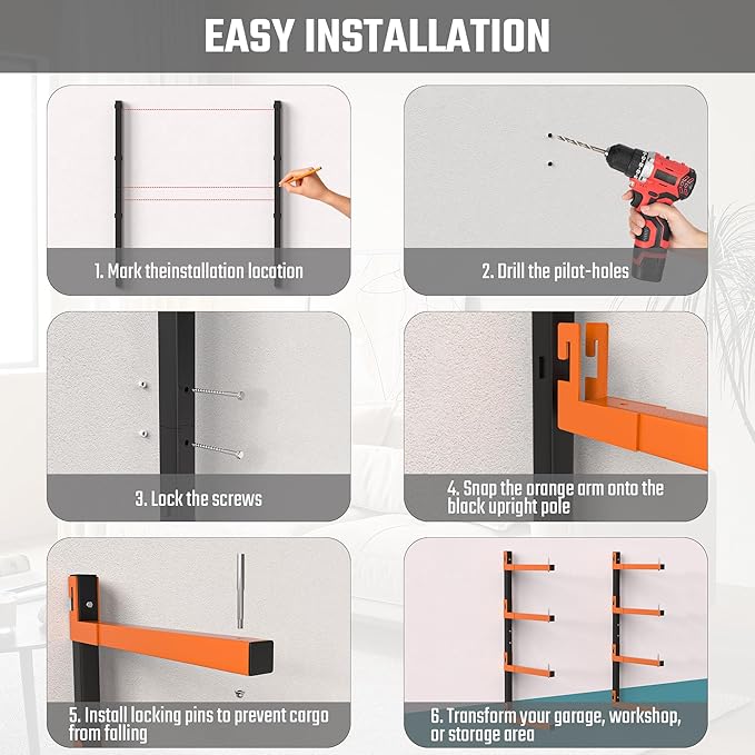 Lumber Storage Rack, Snap-Fit Connection Lumber Rack Wall Mount, Heavy Duty Metal 8 Level-32 Inch Wood Storage Rack