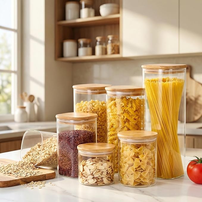Square Glass Jars with Bamboo Lids 79 FL OZ [Set of 3], Glass Canisters with Airtight Lid, Glass Food Storage Containers for Spaghetti, Fettuccine, Linguine,Pasta, Best for Kitchen & Pantry