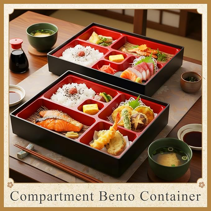 2 Pcs 12 x 9.5 x 2.2 Inch Japanese Lunch Box 5 Compartments Divided Bento Box with Greaseproof Adult Japanese Bento Lunch Container Sushi Home Restaurant