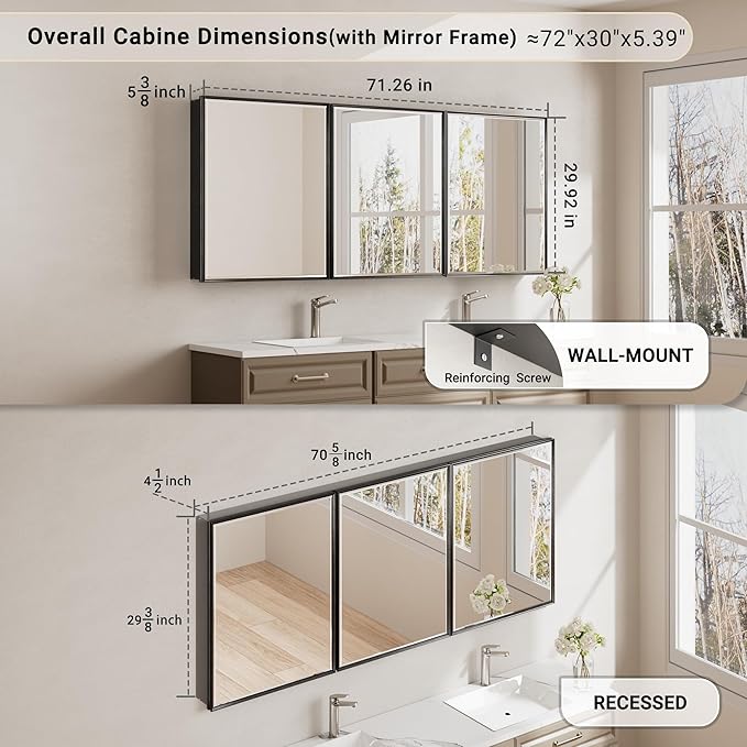 72x30 Pre-Assembled Black Medicine Cabinet with Mirror, Surface or Recessed Medicine Cabinet Mirror for Bathroom, Aluminum Beveled Frame Bathroom Vanity Mirror with Adjustable Shelves Storage