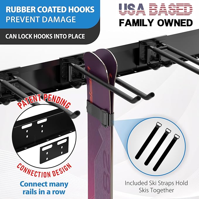 USA Based Ski Rack Wall Mount, Holds 10 Pairs for Ski Storage Rack, Snowboard Hanger & Ski Holders for Wall Storage Racks for Garage, Ski Hangers for Wall Holds Up to 125lbs, 5 Hooks Black