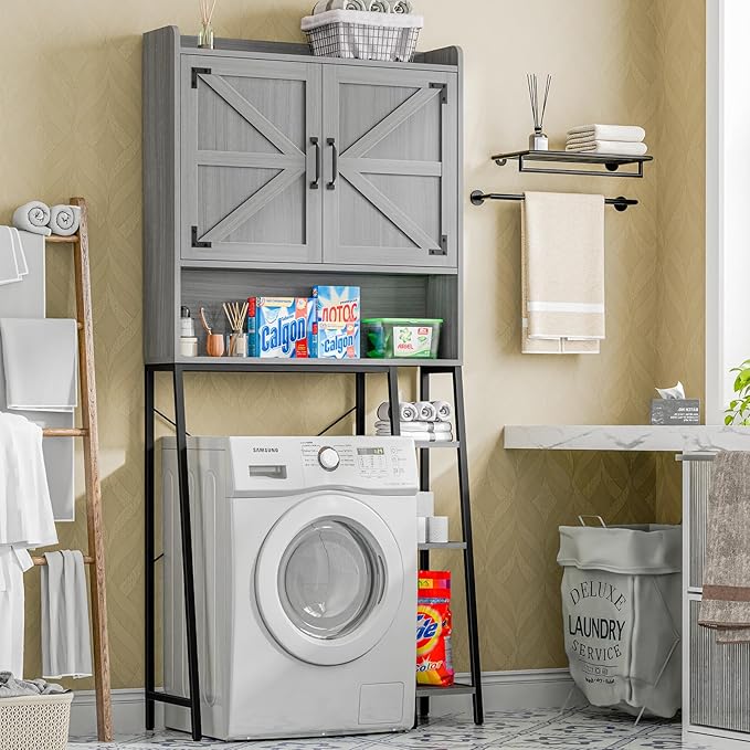 Vabches Over The Toilet Storage Cabinet, Farmhouse Storage Cabinet Over Toilet with Barn Doors & Toilet Paper Holder Stand，Home Space-Saving Toilet Rack, for Restroom/Laundry and Bathroom
