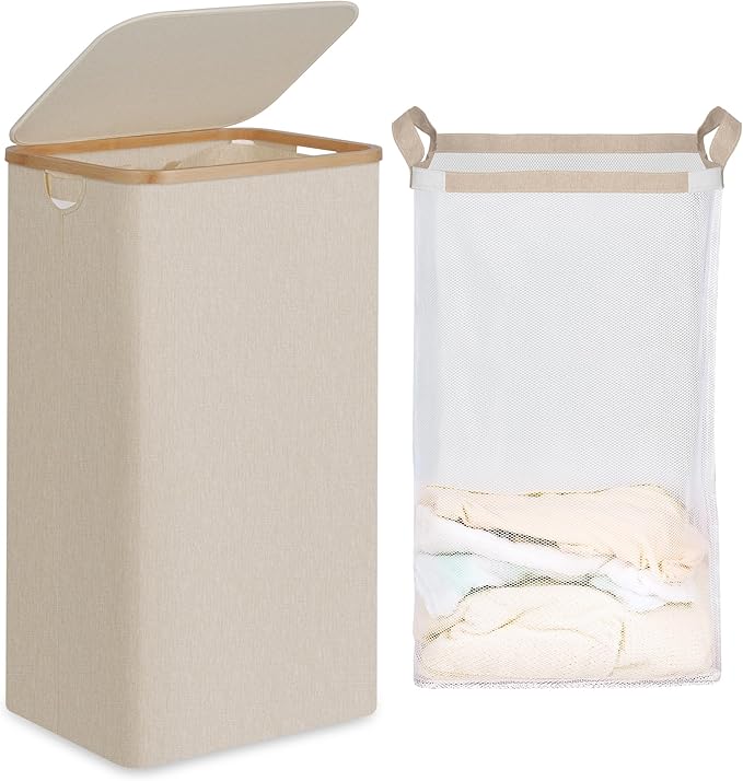 efluky 26 Gal Laundry Basket with Lid and Net Bag, Tall Laundry Hamper with Bamboo Handles, Aesthetic Dirty Clothes Bin for Laundry Room, Bathroom, Bedroom and Dorm, Oatmeal
