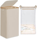 efluky 26 Gal Laundry Basket with Lid and Net Bag, Tall Laundry Hamper with Bamboo Handles, Aesthetic Dirty Clothes Bin for Laundry Room, Bathroom, Bedroom and Dorm, Oatmeal