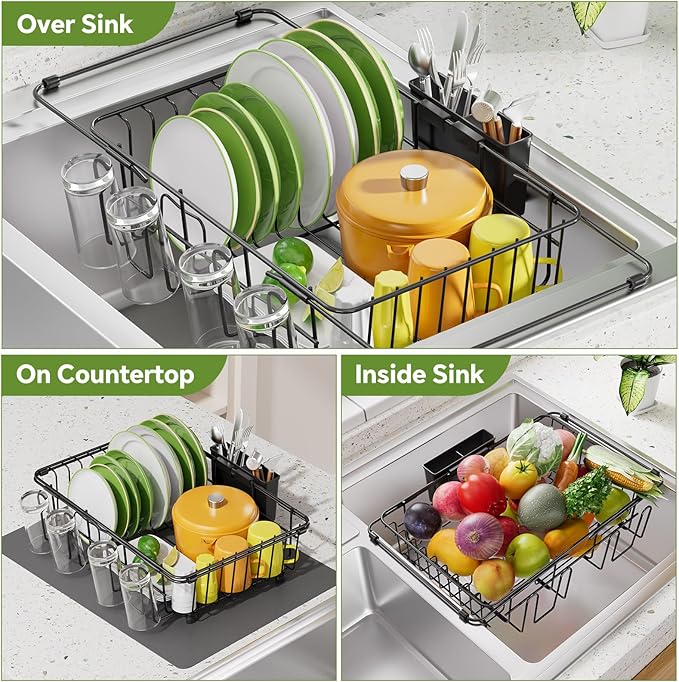 Simple Trending Expandable Dish Drying Rack in Sink, Adjustable Dish Drainers for Kitchen Counter, Inside Sink, Over The Sink with Utensil Holder, Black