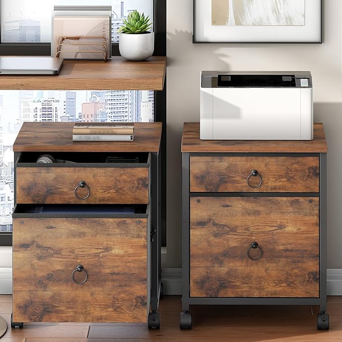 HOOBRO File Cabinet, 2-Drawer Vertical Mobile Office Cabinet, Rolling Printer Stand, for A4/Letter Size Files, Nonwovens Drawer, for Home Office, Rustic Brown BF21WJ01
