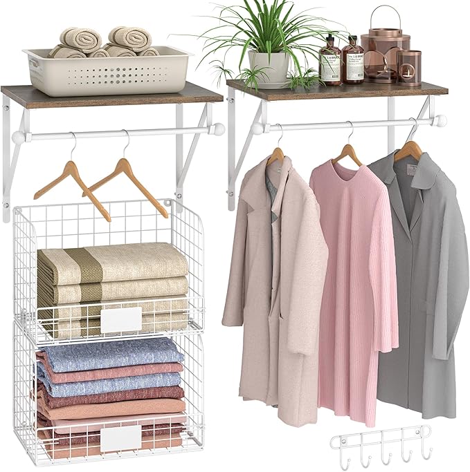 2 Set Laundry Room Wall Mounted Shelves With Wire Storage Baskets, Over Washer and Dryer With Hanging Rods and Hooks, for Organization and Storage, White, Wooden