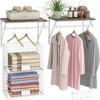 2 Set Laundry Room Wall Mounted Shelves With Wire Storage Baskets, Over Washer and Dryer With Hanging Rods and Hooks, for Organization and Storage, White, Wooden