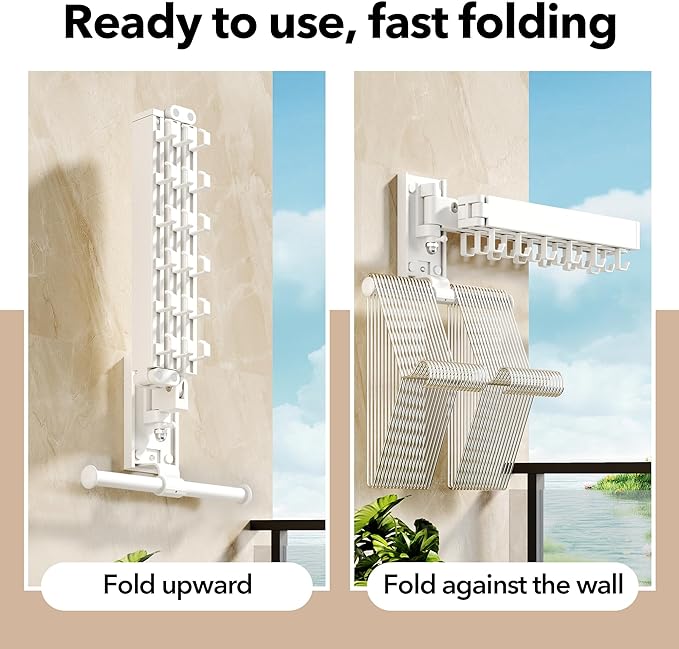 Wall Mounted Clothes Hanger,Clothes Drying Rack,Laundry Drying Rack,Clothes Rack Wall Mount,Drying Rack Clothing,Retractable,Collapsible,can Fold Upward & Left & Right (Upgrade-White)