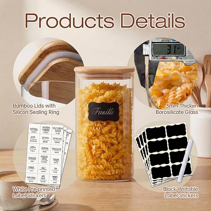 Square Glass Jars with Bamboo Lids 79 FL OZ [Set of 3], Glass Canisters with Airtight Lid, Glass Food Storage Containers for Spaghetti, Fettuccine, Linguine,Pasta, Best for Kitchen & Pantry