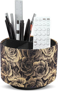 QIELIZI Round Leather Art Supply Organizer,Remote Control Holder,360 Degree Rotating,Multi-Functional Pencil Holder,4 Compartments Desktop Stationary Organizer(1-3D Rose Yellow)
