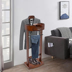 Suit Valet Stand with Wood Base, Freestanding Wood Clothing Valet Stand Suit with Contour Hanger, Tray, Trouser Bar, Tie Bar, for Entryway Office Living Room
