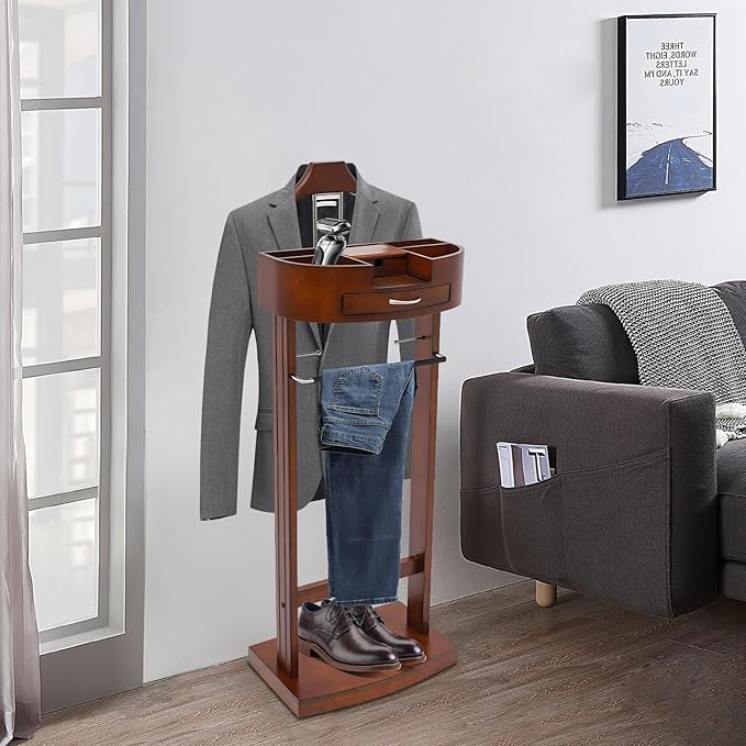 LOYALHEARTDY Valet Stand for Men, Clothes Valet Stand with Drawer, Vintage Suit Stand with Charging Station, Wooden Suit Rack & Trouser Holder,Coat & Tie Organizer for Bedroom Office (Walnut Color)