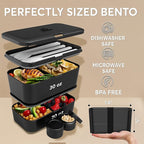Umami Lunch Box Containers w/ 4 Utensils, 2 Sauce Jars, Nestable Space-Saving Bento Box Adult, 100% Leakproof, Microwavable Lunch Containers for Adults, Design Award Winner, Onyx Black, 50 oz
