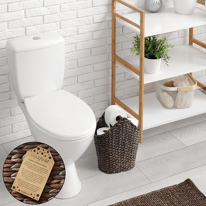 Casafield Toilet Paper Storage Basket with Wood Roll Holder Bar - Espresso, Braided Water Hyacinth Wicker Bathroom Tissue Storage Organizer