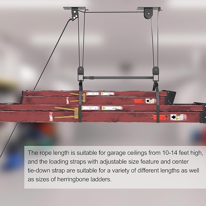 Ladder Storage, Larger Pulley Ladder Hoist, Self Locking Function Ladder Hanger, Garage Ceiling Mount Lift System for Kayak, Cargo Box, Canoe, Bike,Fit 10-14 Foot Ceilings, Hold 150 lbs