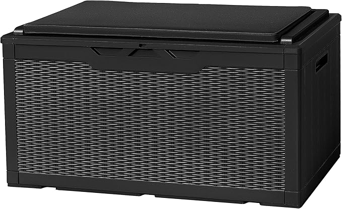 Flamaker Deck Box with Cushion 98 Gallon Waterproof Resin Storage Box with Air Rod Indoor Outdoor Lockable Storage Bench for Patio Furniture, Tools, Pool Accessories (Black)