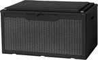 Flamaker Deck Box with Cushion 98 Gallon Waterproof Resin Storage Box with Air Rod Indoor Outdoor Lockable Storage Bench for Patio Furniture, Tools, Pool Accessories (Black)