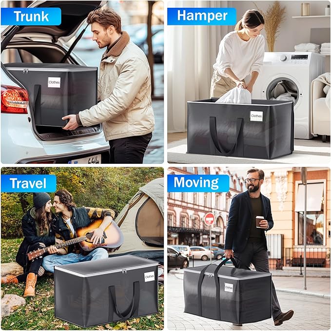 4 Pack Moving Bags Heavy Duty, Moving Boxes, Storage Bags with Zipper & Handles & Tag for College & Dorm Moving Supplies Grey Laundry Hamper Bag, Foldable Space-saving Totes (93L, Grey)