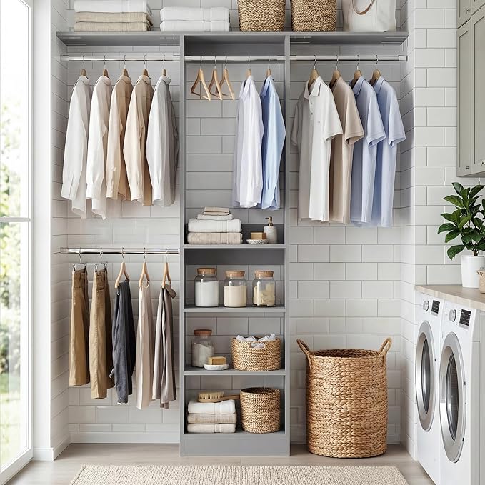 Cyclysio 4FT Small Closet System, 80"H Closet Organizer System with 4 Closets Rods & 3 Shelves, 48" Closets Organizers and Storage for Small Bedrooms, Laundry Rooms, Cloakrooms, Grey