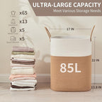 Laundry Basket with Handles - Blanket Basket & Hampers for Bedroom Aesthetic, Laundry Hamper & Blanket Storage for Living Room, Clothes Hamper, Tall, Large 17" x 14" x 22”, White & Jute