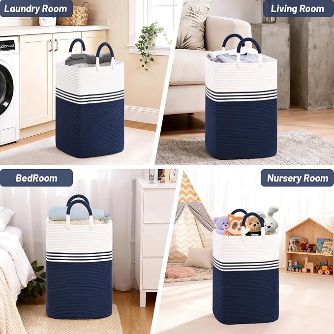 Laundry Basket Hamper,Blanket Storage,Dirty Clothes Hamper with Swivel Handles,Woven Cotton Rope Toy Baskets,Blanket Basket Living Room,Decorative Hampers for Nursery,Bedroom,White & Blue,80L