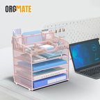 5 Tier Mesh Desk Organizer,Multi Functional Letter Paper Tray with 3 Pen Holders and 5 Adjustable Storage Compartments for Office Supplies Files and Mail Space Saving Desktop Organizer-Pink