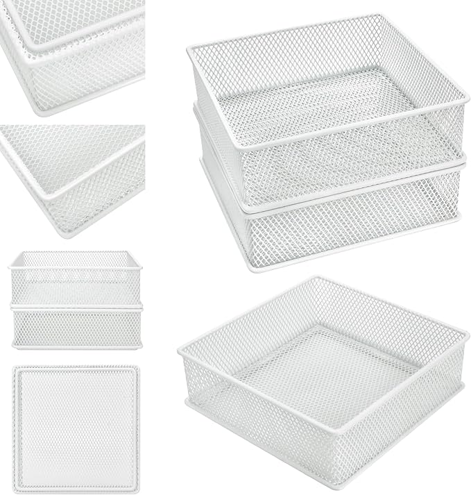 Annova Mesh Stackable Drawer Cabinet and Shelf Organizer Bins Storage Basket School Office Supply Holder Tray- Set of 2 (White, 6x6x2 Inch)