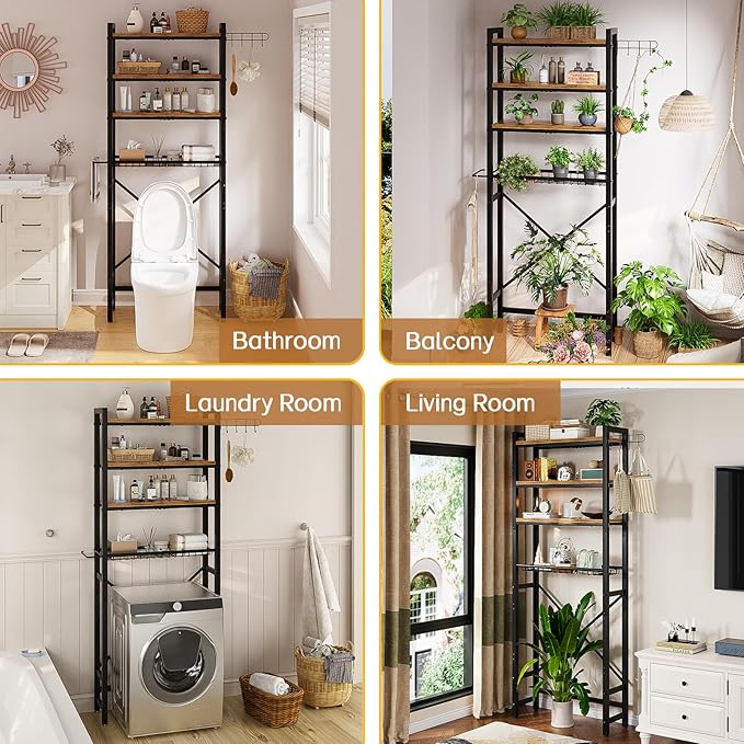 Over-The-Toilet Storage Rack, 4 Tier Bathroom Shelf Organizer Over Toilet with Adjustable Shelves, Basket, Hooks, Paper Holder, Quick Interlock Install & Water-Resistant Shelves (Vintage Brown)