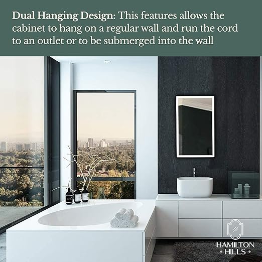 Hamilton Hills Bathroom Mirror with Storage - Wall Mounted Medicine Cabinet with 4 Glass Shelves and LED Backlighting - Modern Rectangular Organizer for Bathroom Décor 16 x 26 Inch - White