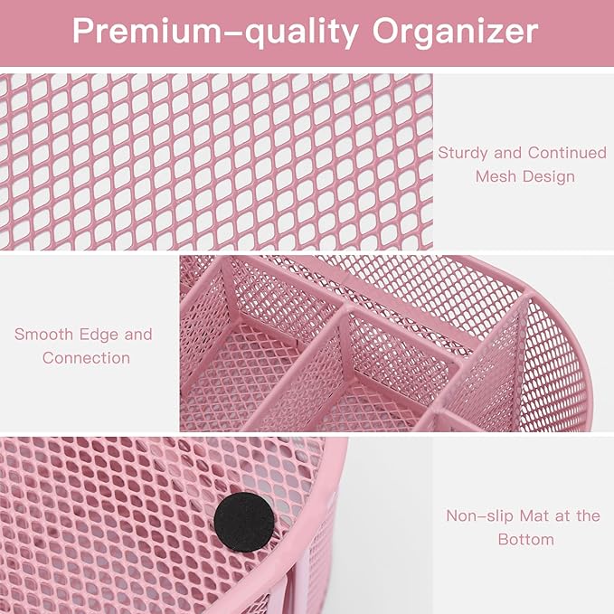 EOOUT Pink Desk Organizer, Pen Holder for Desk and Accessories, Mesh Desk Organizer with 8 Compartments and 1 Drawer for Office Home School Classroom
