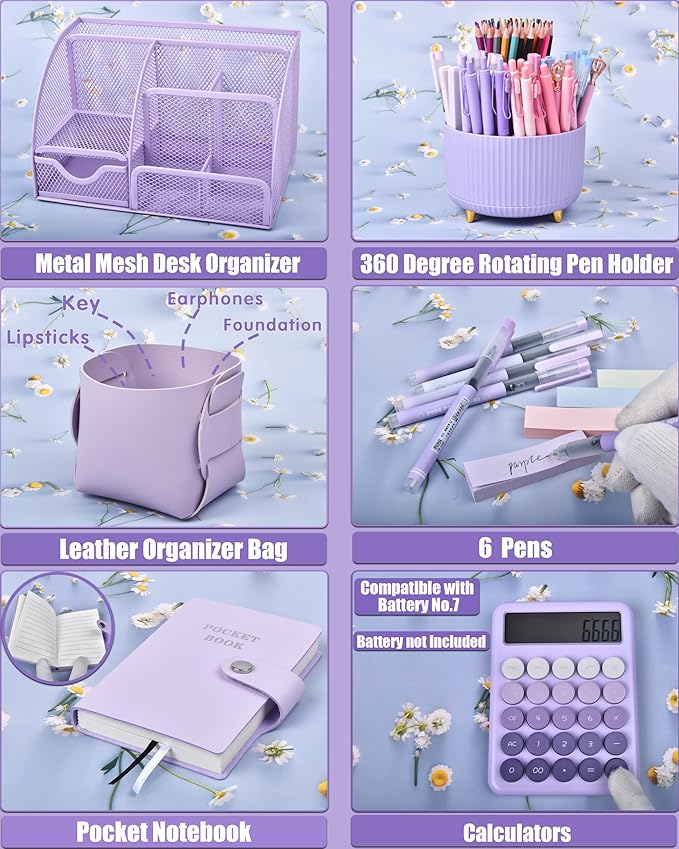 21Pcs Purple Desk Organizers and Accessories With Mesh Desk Organizer and 360°Rotating Pen Holder and a Lot of Office Purple Office Supplies Beautifully Presented in a Gift Box