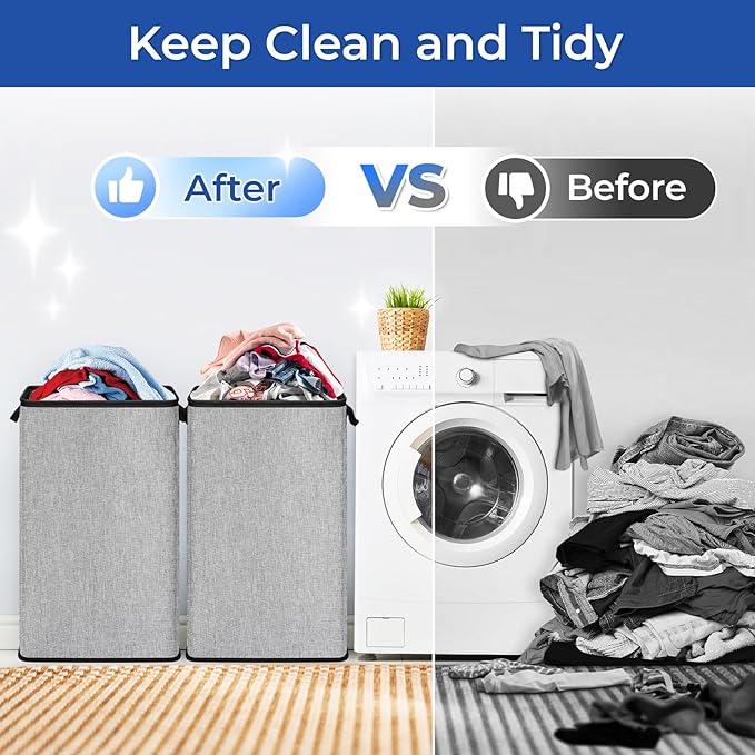 SNIGJAT 2 Pack Large Laundry Hamper, Tall Collapsible Laundry Basket with Sturdy Handles, Clothes Basket for Towels, Toys, Space-Saving Storage Dirty Clothes Hamper for Bedroom, Laundryroom, Dorm, RV