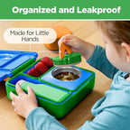 OmieBox Bento Box for Kids - Insulated Bento Lunch Box with Leak Proof Vacuum Insulated Food Jar - 3 Compartments, Two Temperature Zones (Monster Blue)
