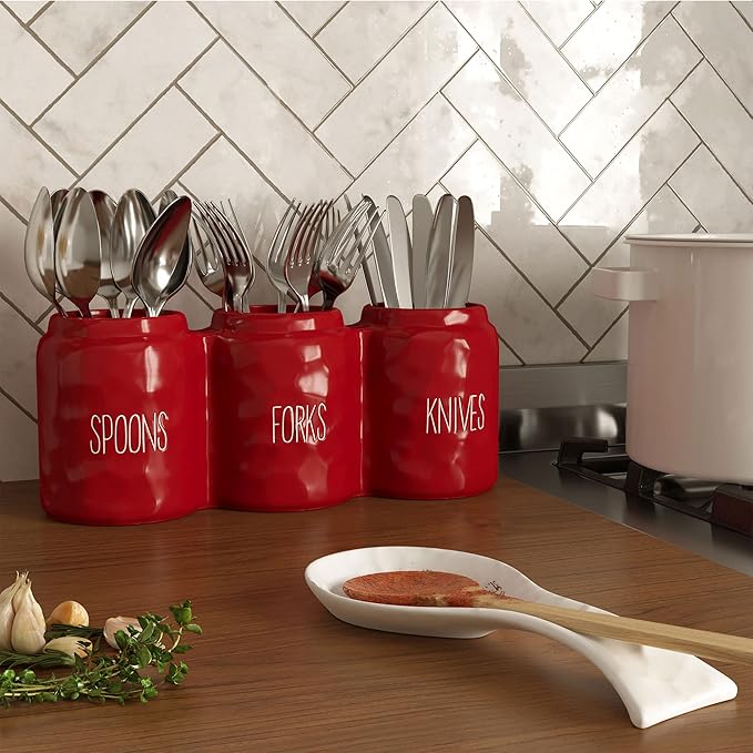 Barnyard Designs Silverware Caddy for Countertop - Cutlery Organizer for Spoon, Fork, and Knife - Ceramic Utensil Holder for Flatware or Plasticware - Perfect for Parties - 12.5” x 4.25” x 5” (Red)