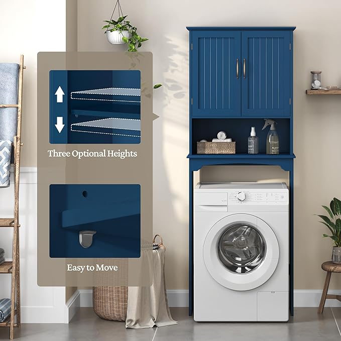 Topeakmart Over the Toilet Storage Cabinet, Organizer with Double Doors and Inner Adjustable Shelf and Lower Open Shelf for Bathroom Laundry, 66 in H, Navy Blue
