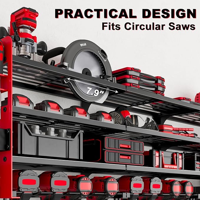 12 Cordless Drill Holder Large Power Tool Organizer Wall Mount with Side Pegboard & Screwdriver Holder, 4-Tier Heavy Duty Metal Tool Storage Rack with 4-Outlet Power Strip