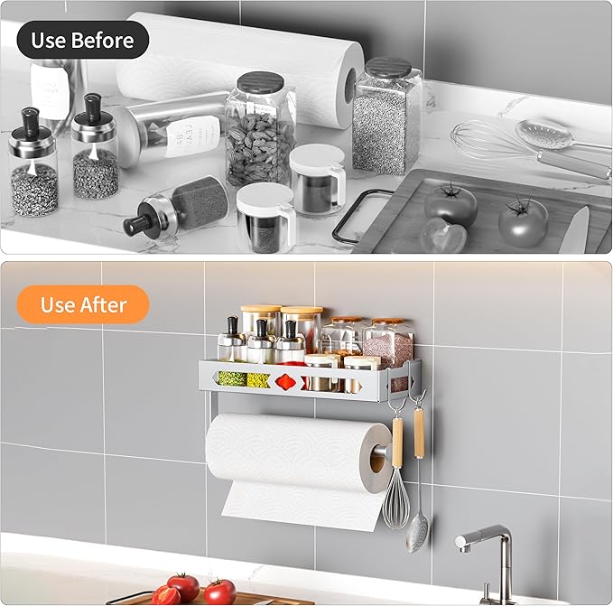 Paper Towel Holder Wall Mount, MAYZOLOP Easy One-Hand Tear Design Paper Towel Holder with 2 Hooks, Fits Kitchen, RV, Bathroom, Self-Adhesive or Drilling Installation, Silver