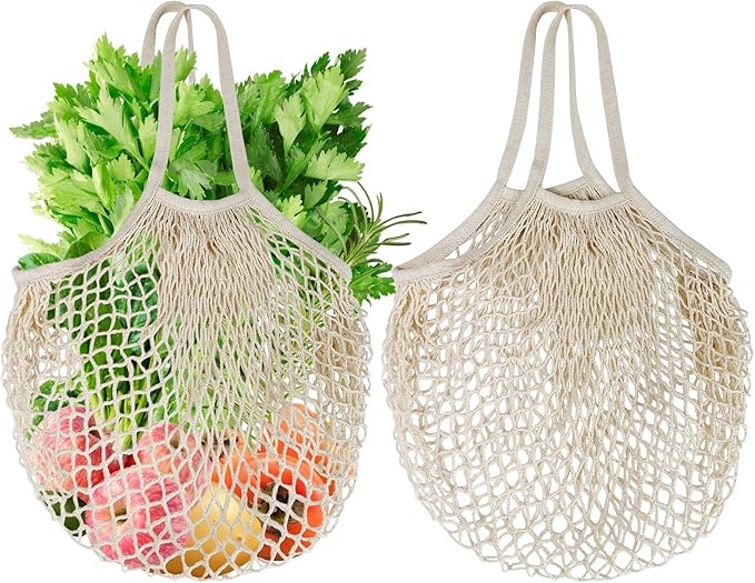 2-Pack Reusable Mesh Grocery Bags, 100% Cotton String, Long Handle Produce Bags, Fruit & Veggie Storage