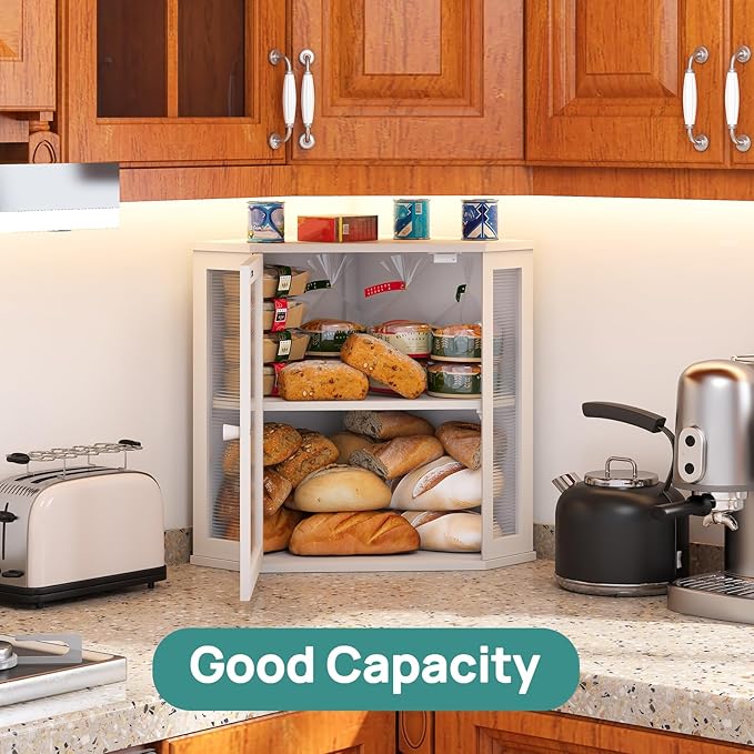 Corner Bread Box for Kitchen Counter, Bamboo Wood Large Capacity Bread Storage Bin with Acrylic Wavy Door Panel (White, Extra Large)