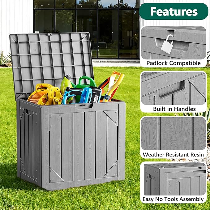 30 Gallon Outdoor Storage Box, Waterproof Resin Deck Box Organizer for Patio Cushion Storage, Lockable Outside Container for Garden Tools
