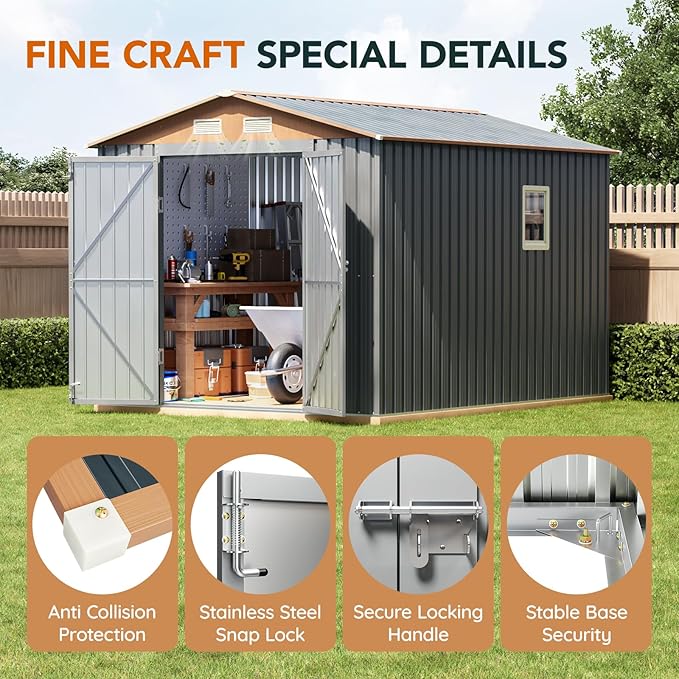 8x10FT Metal Shed & Outdoor Storage Shed, Steel Tool Multi-Used Shed with Vents,Lockable Doors,Window,Compact Tool Shed for Backyard, Patio, Lawn and Garden Various Storage(Matte Gray)