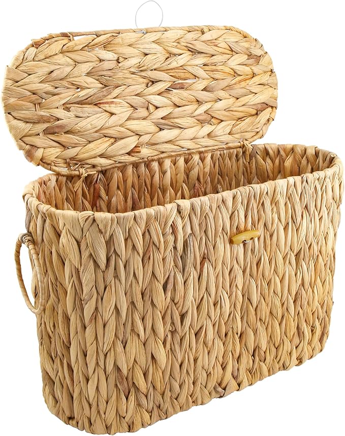 Toilet Paper Storage Basket - Water Hyacinth Slim Toilet Paper Holder with Lid, Holds Up to 9 Rolls, Decorative Organizer for Home Bathroom
