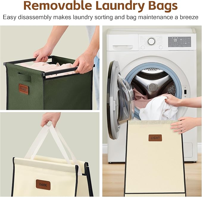 Hoctieon 4 Section Laundry Cart, 48 Gal. (182L) Laundry Hamper with Lid, Laundry Basket with Wheels, Rolling Laundry Sorter Organizer with Shelf, Clothes Separator with Removable Bags, Beige+Green