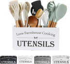 Utensil Holder, Utensil Holder For Kitchen Counter,Large Cooking Spatula Organizer,Farmhouse Wooden Big Storage With 3 Compartments Rustic Flatware Spoon Tool Organizer (White)