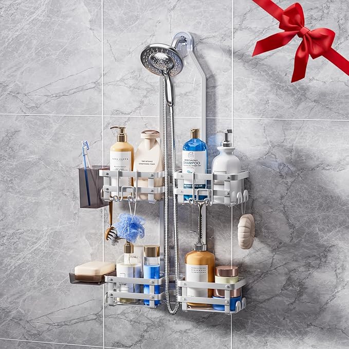Aluminum Shower Caddy Hanging, Never Rust Shower Organizer- 4 Levels with adjustable Height 10 Hooks for Razor/Sponge - Rack with Soap Basket (Silver)