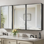 60x30 Pre-Assembled Black Medicine Cabinet with Mirror, Surface or Recessed Medicine Cabinet Mirror for Bathroom, Aluminum Beveled Frame Bathroom Vanity Mirror with Adjustable Shelves Storage
