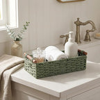 Back of Toilet Basket with Wood Handles, Green Wicker Toilet Paper Basket for Toilet Tank Top, Narrow Toilet Tank Basket, Bathroom Basket Organizer for Wipes & Essentials
